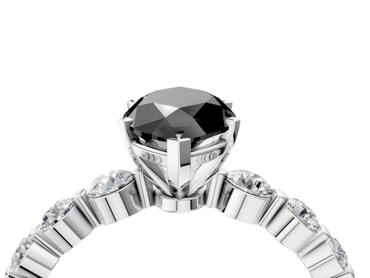 Fancy Black Marquise Cut Solitaire Diamond Ring with Pave Band and Four-Prong Setting Silver