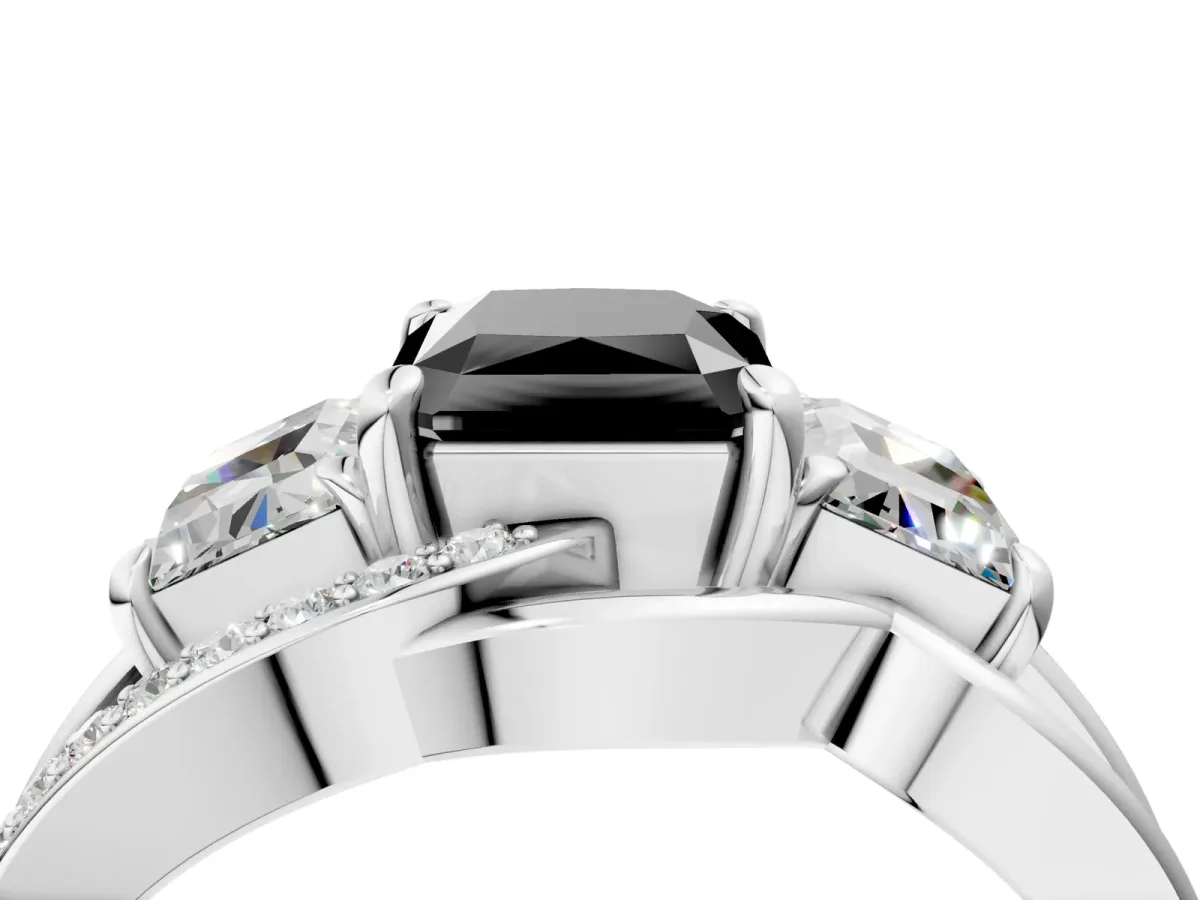 Fancy Black Three-Stone Radiant Cut Cut Diamond Split Shank Prong Set Ring Platinum
