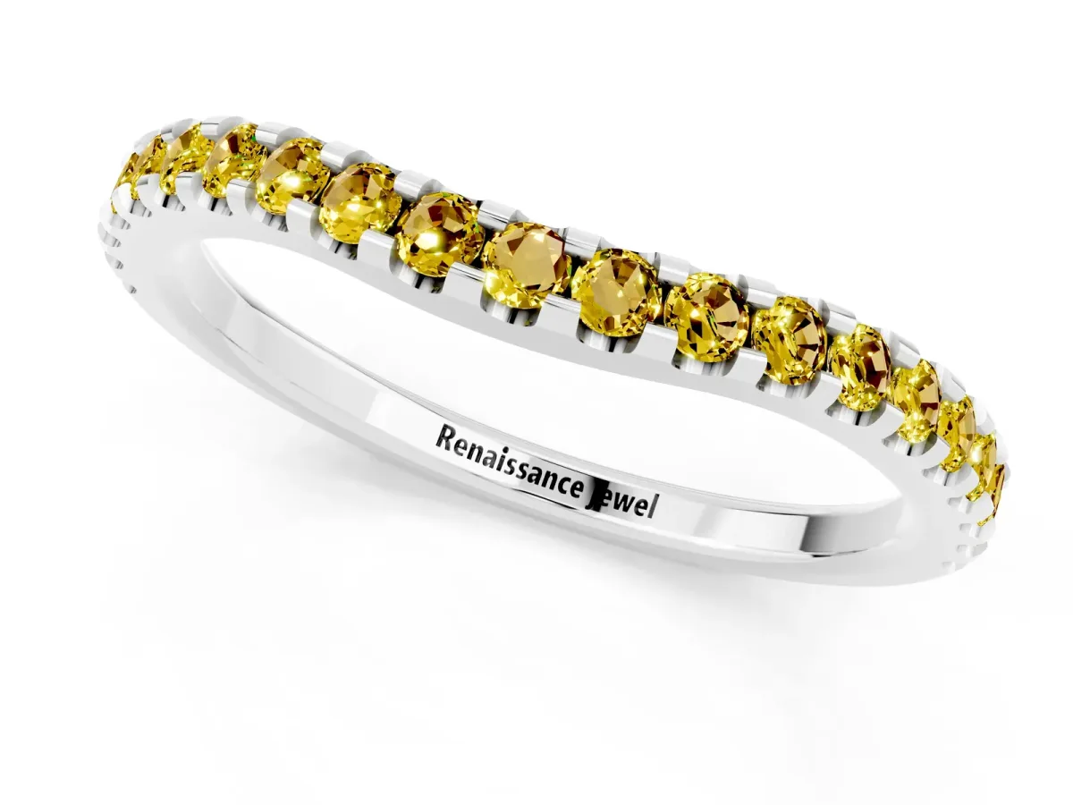 Round Yellow Sapphire Pavé Curved Wedding Band Platinum