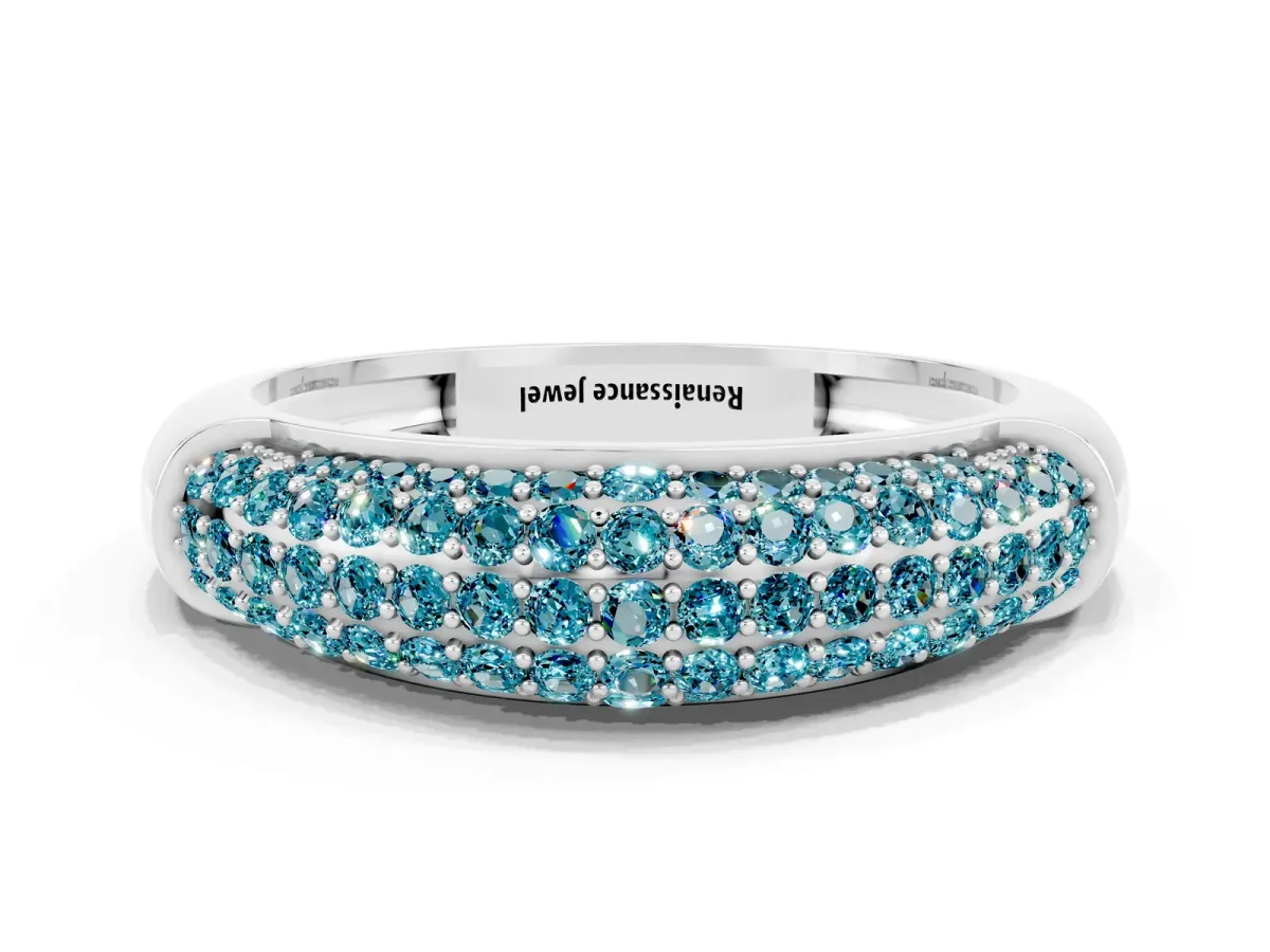 Three-Row Pavé Round Blue Topaz Dome Band Platinum