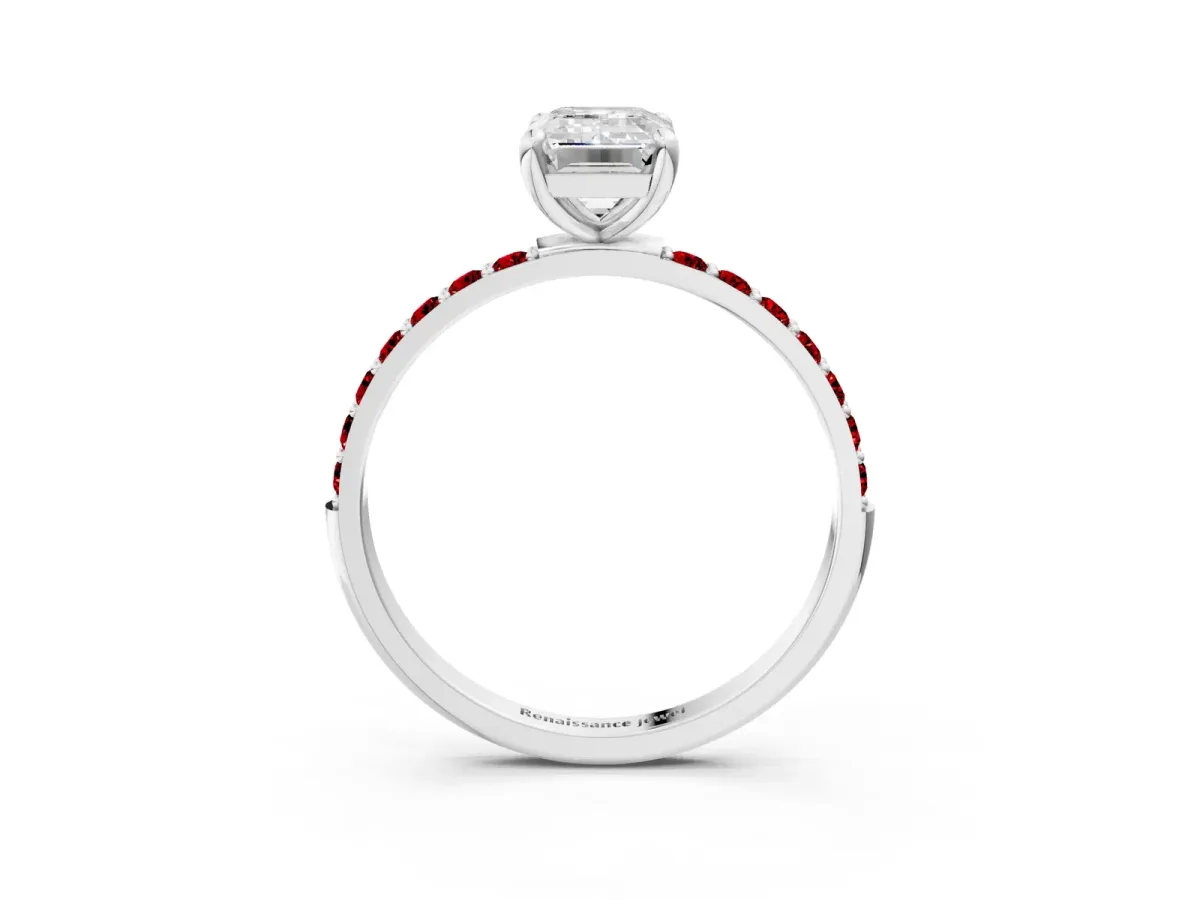 Emerald Cut Diamond Solitaire Ring with Round Ruby Pavé Band and Prong Setting Platinum