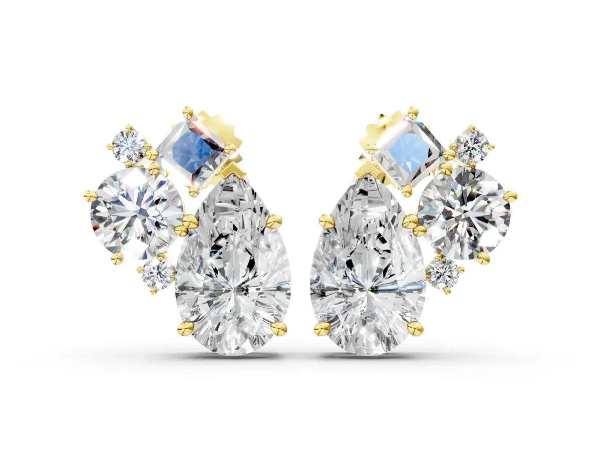 Multi-Shape Diamond Mosaic Five Stone Stud Earrings Yellow gold