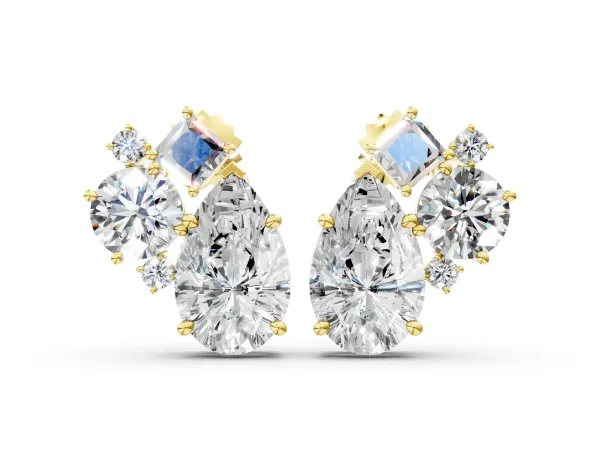 Multi-Shape Diamond Mosaic Five Stone Stud Earrings Yellow gold