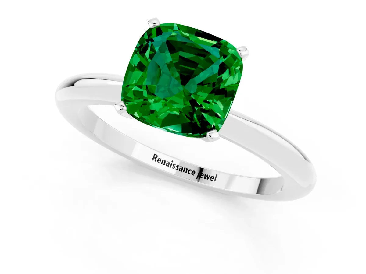 Cushion Cut Emerald Solitaire Ring with Six-Prong Setting and Classic Band Silver