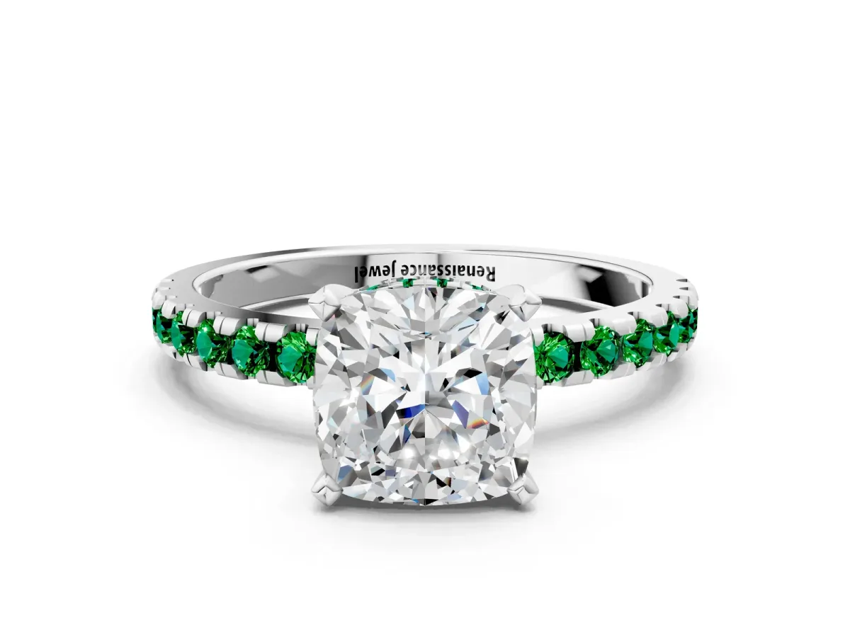 Cushion Cut Diamond Solitaire Ring with Round Emerald Pavé Band and Four-Prong Setting Silver