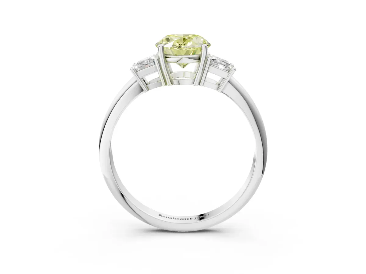 Fancy Yellow Oval Cut Diamond Three-Stone Ring with Trapezoid Side Stones and Prong Setting Platinum