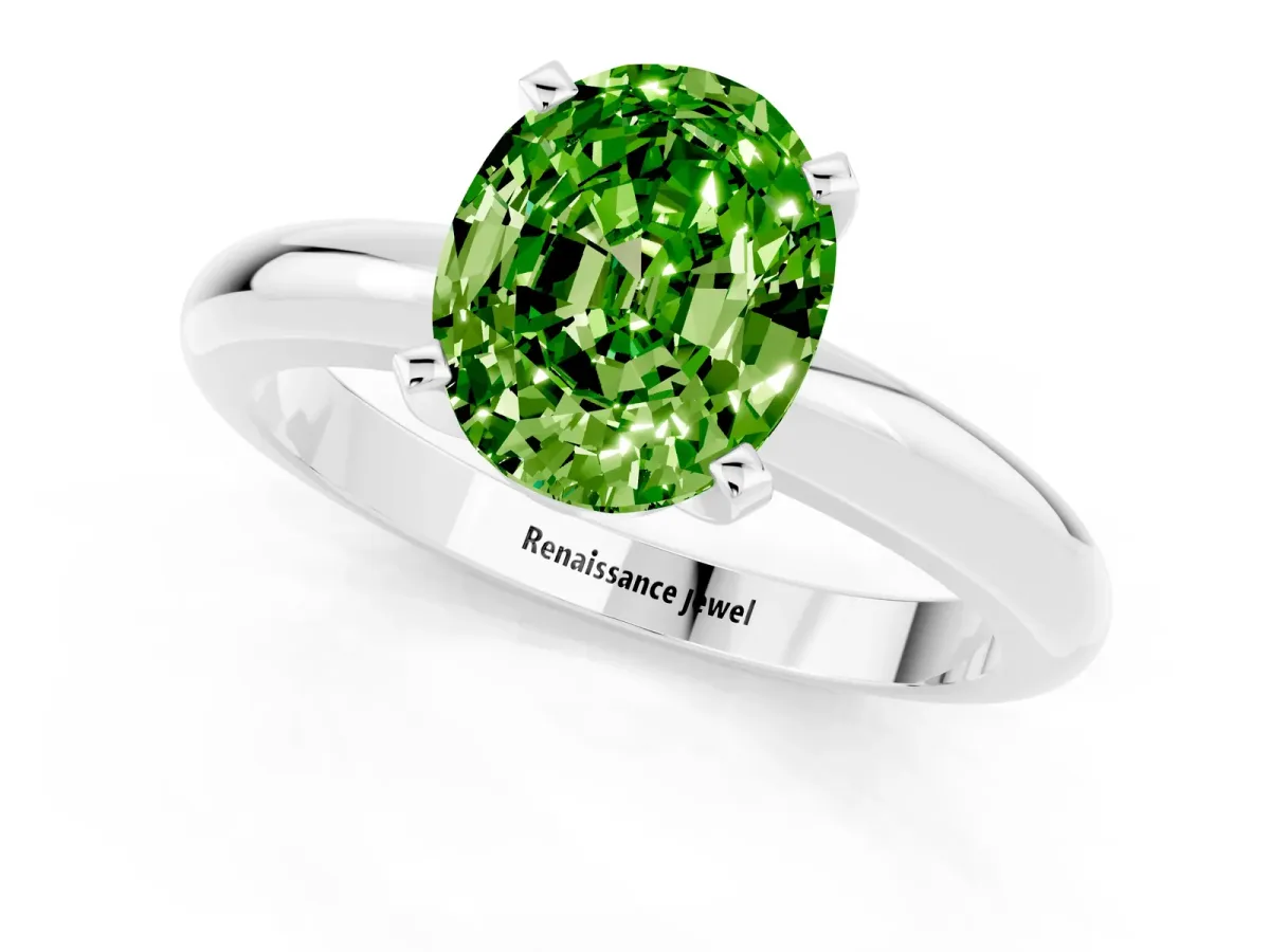 Oval Cut Peridot Solitaire Engagement Ring with Round Band and Four-Prong Setting Silver