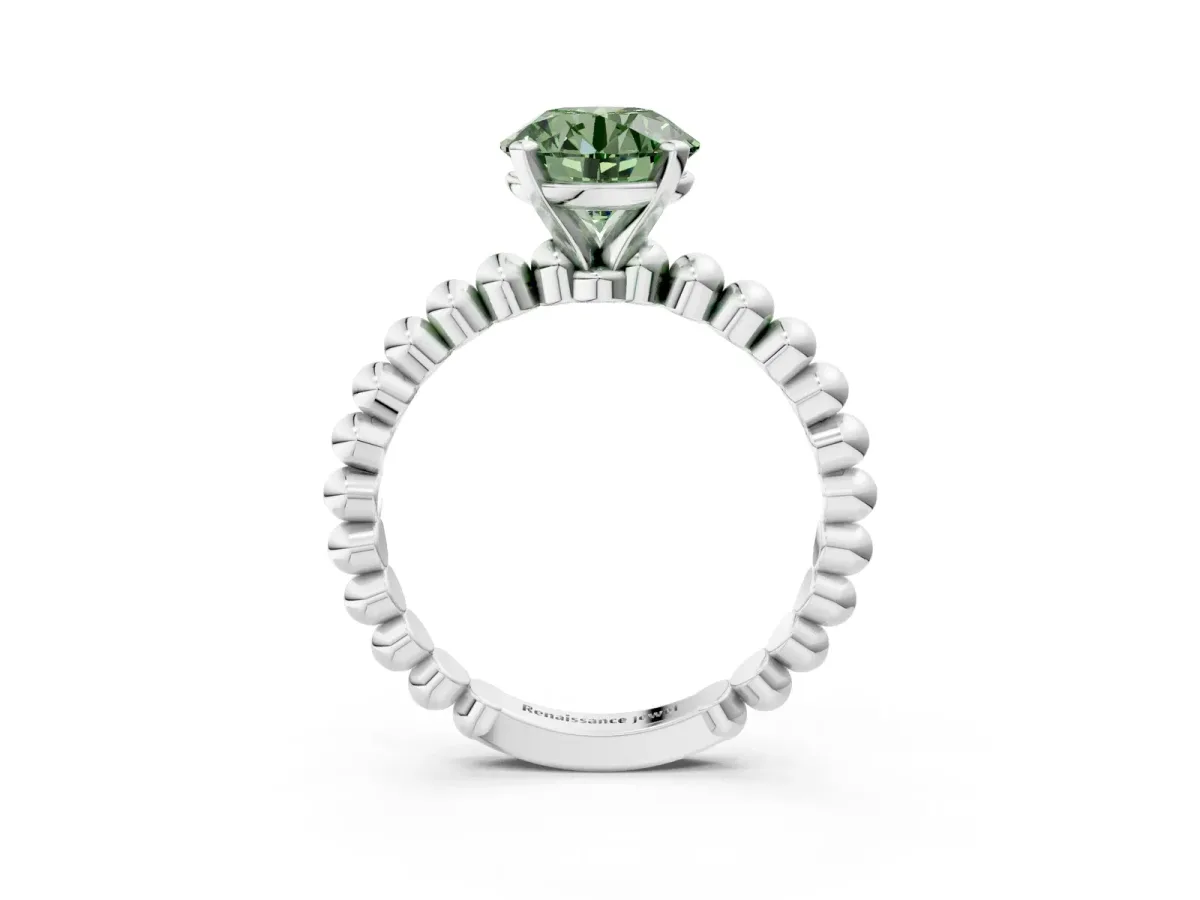 Fancy Green Round Cut Diamond Solitaire Ring with Beaded Band and Prong Setting Silver