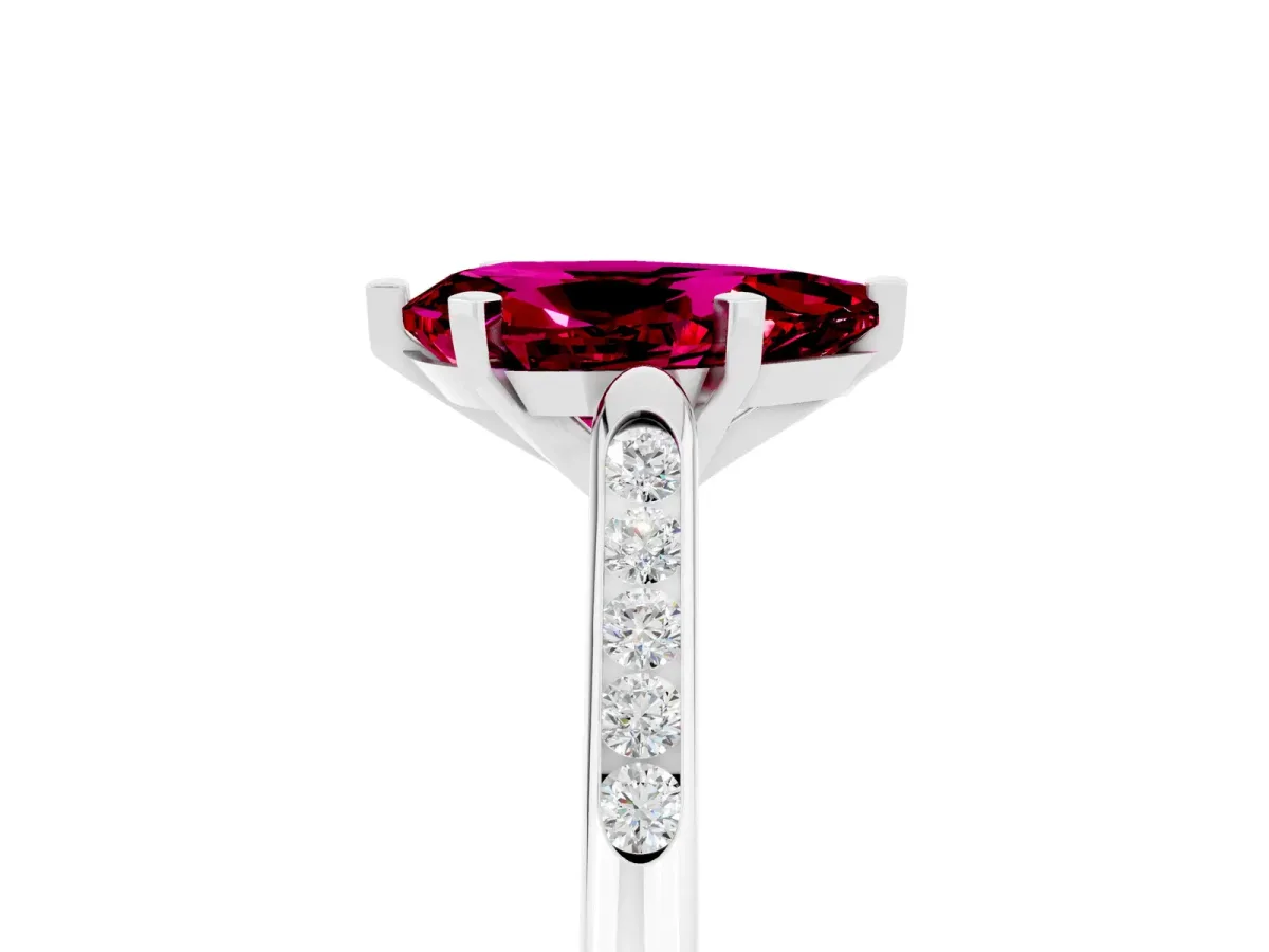 Pear Cut Garnet Solitaire Ring with Channel Set Round Band and Prong Setting Platinum