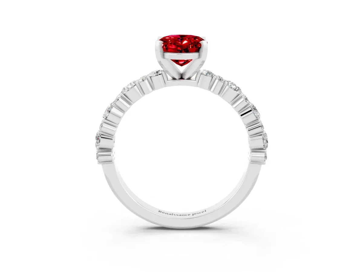 Oval Cut Ruby Side Stone Solitaire Ring with Round and Four-Prong Setting Platinum