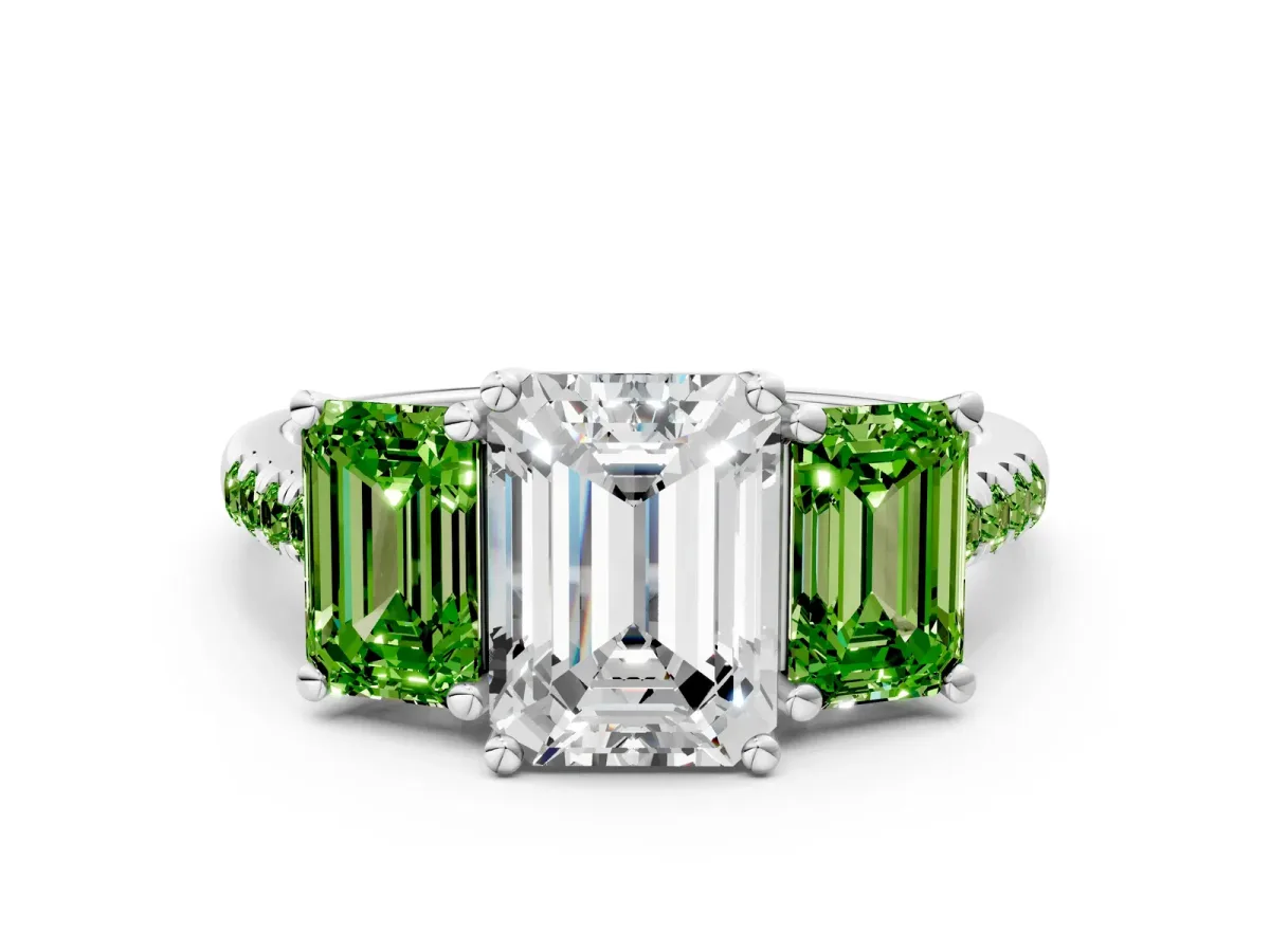 Three-Stone Emerald Cut Diamond Ring with Round Peridot Pavé Band and Prong Setting Platinum
