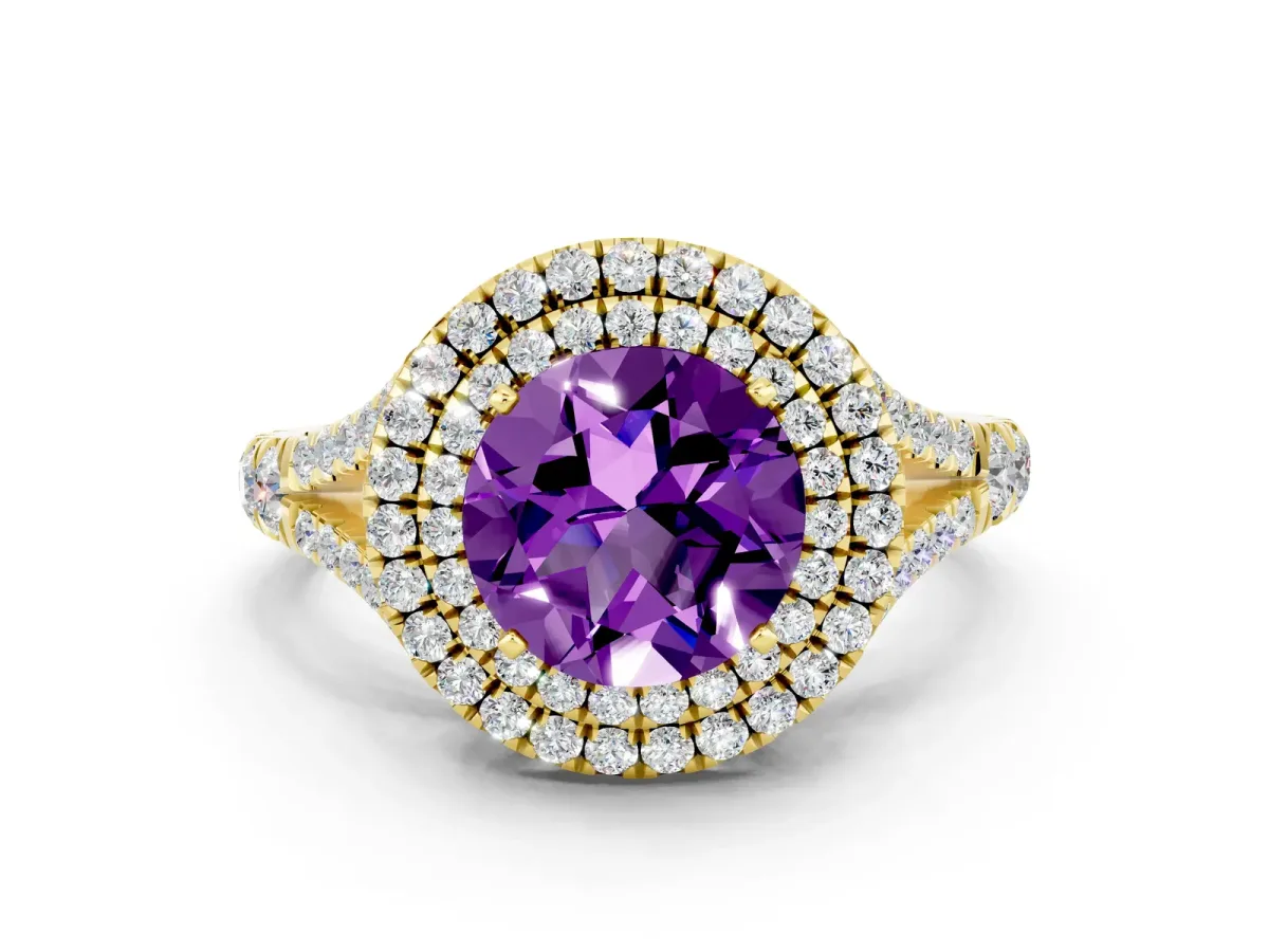 Round Cut Amethyst Double Halo Ring with Split Shank and Prong Setting Yellow gold