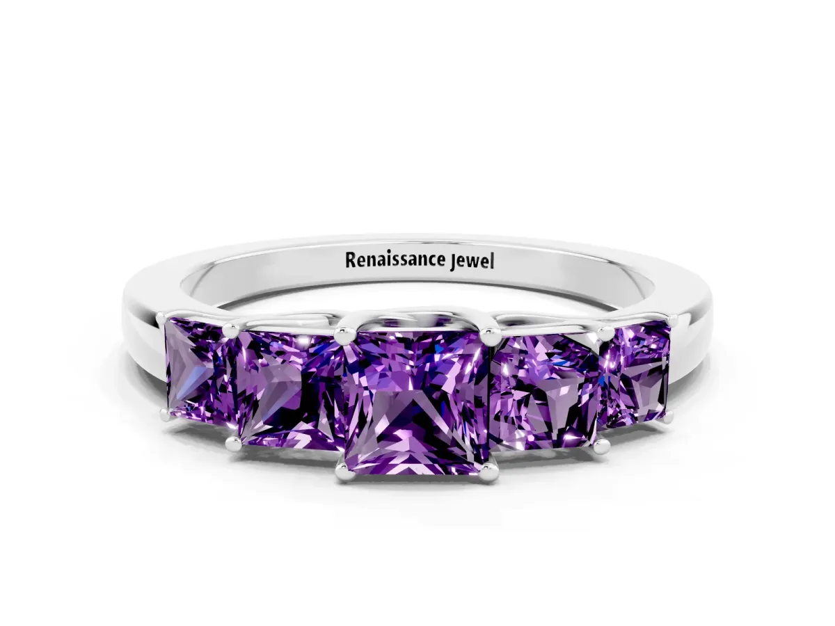 Princess Cut Five-Stone Amethyst Ring with Classic Prong Setting White gold