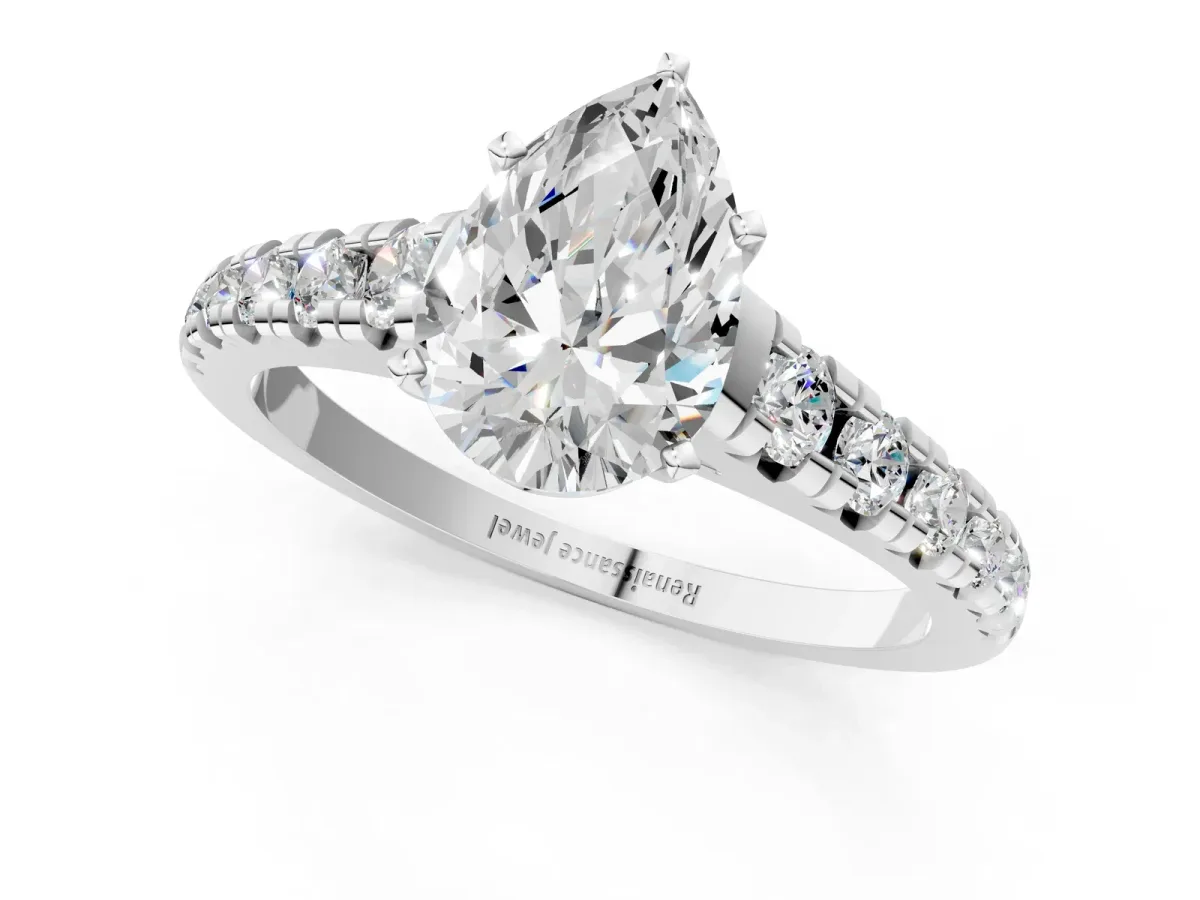 Pear Cut Diamond Cathedral Solitaire Ring with Round Pavé Band Platinum