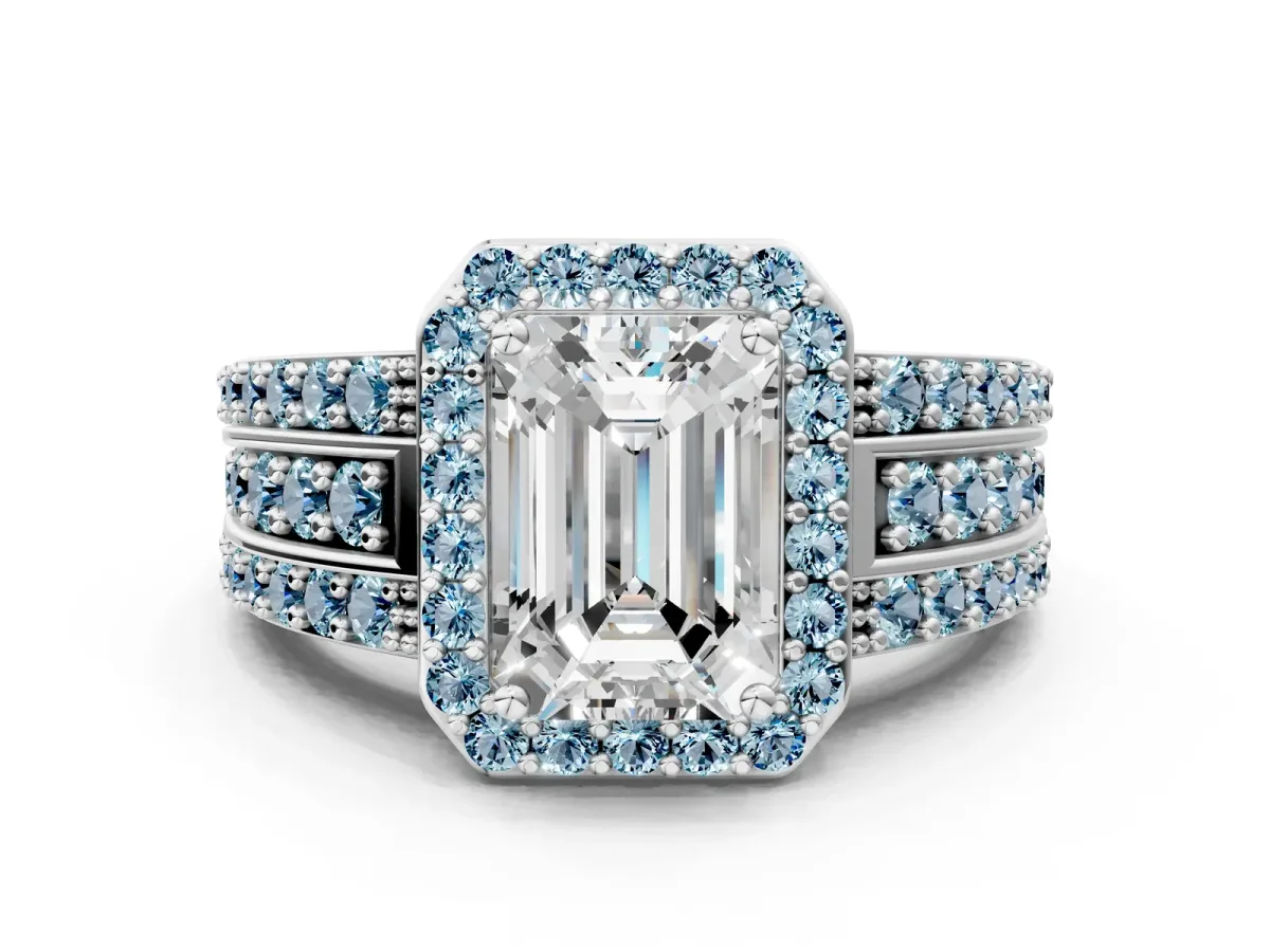 Emerald Cut Halo Diamond Ring with Round Aquamarine Split Shank and Prong Setting Silver