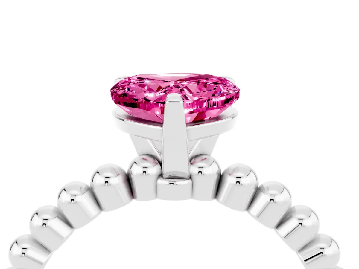 Heart Cut Pink Sapphire Solitaire Ring with Beaded Band and Prong Setting Silver