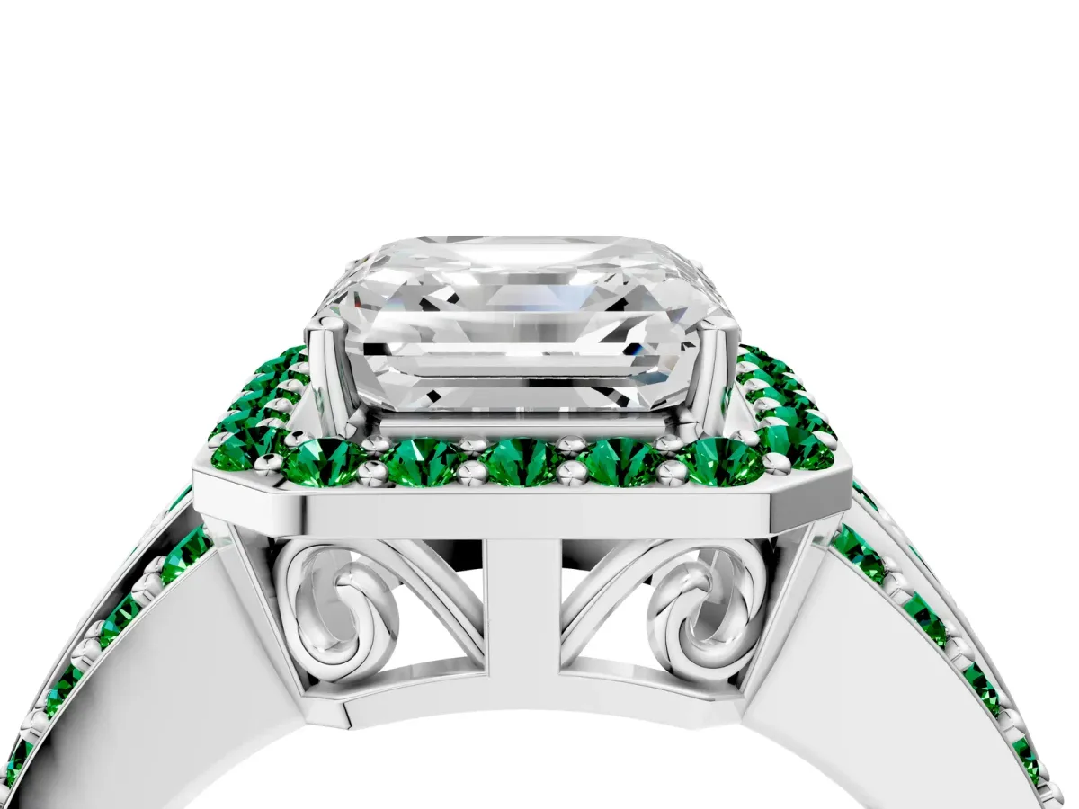 Asscher Cut Halo Diamond Ring with Round Emerald Split Shank and Prong Setting Silver