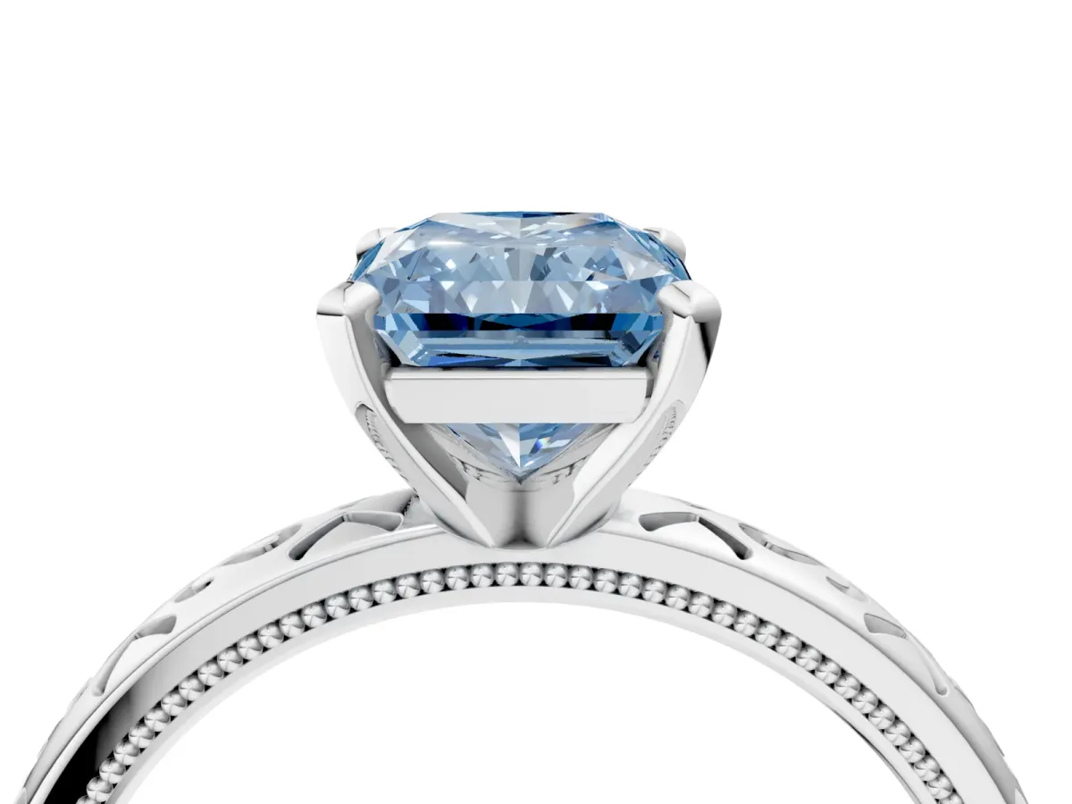 Fancy Blue Radiant Cut Solitaire Engagement Ring with Scrollwork Band and Four-Prong Setting Platinum