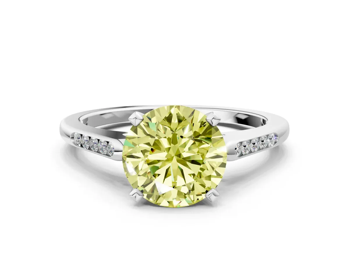 Fancy Yellow Round Cut Diamond Solitaire Ring with Channel Set Round Band and Prong Setting Silver