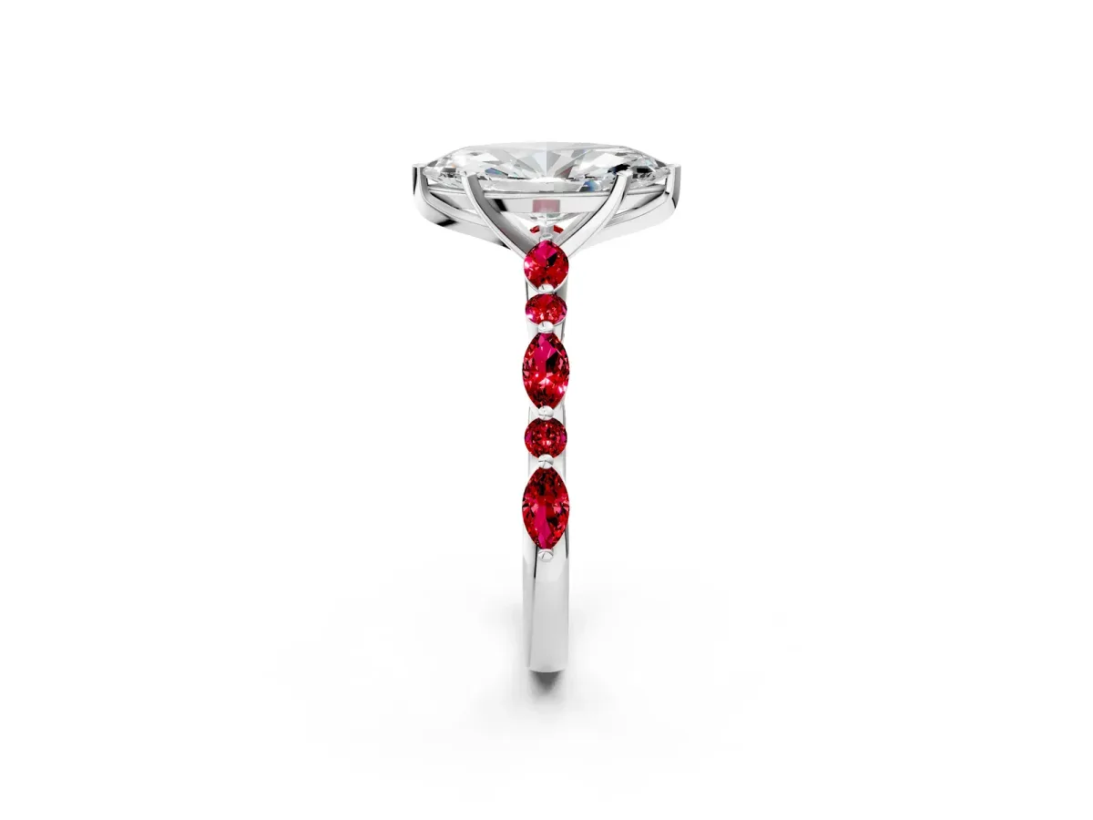 Marquise Cut Diamond Ring with Marquise and Round Ruby Side Stones and Four-Prong Setting Silver
