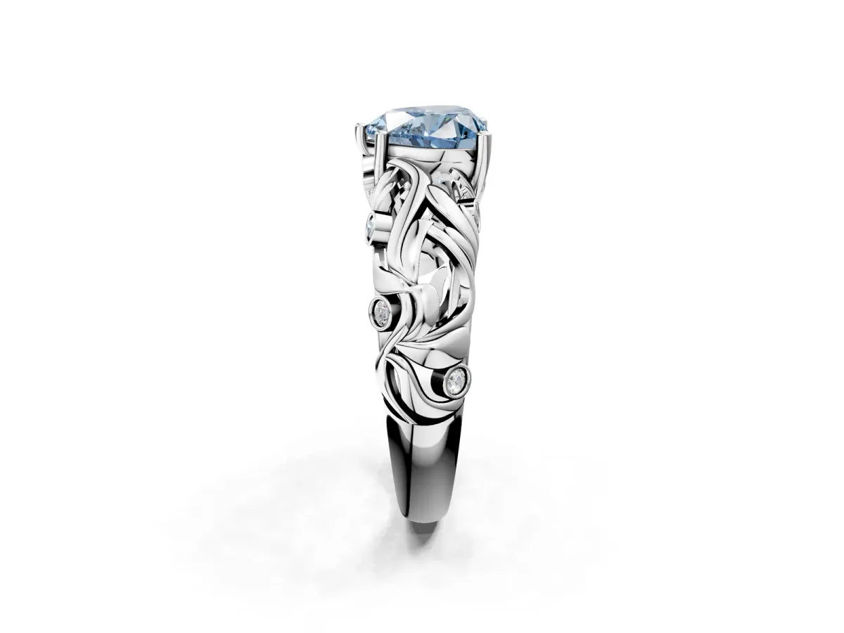 Fancy Blue Heart Cut Solitaire Diamond Leaf-Inspired Vine Band Ring with Prong Setting Platinum