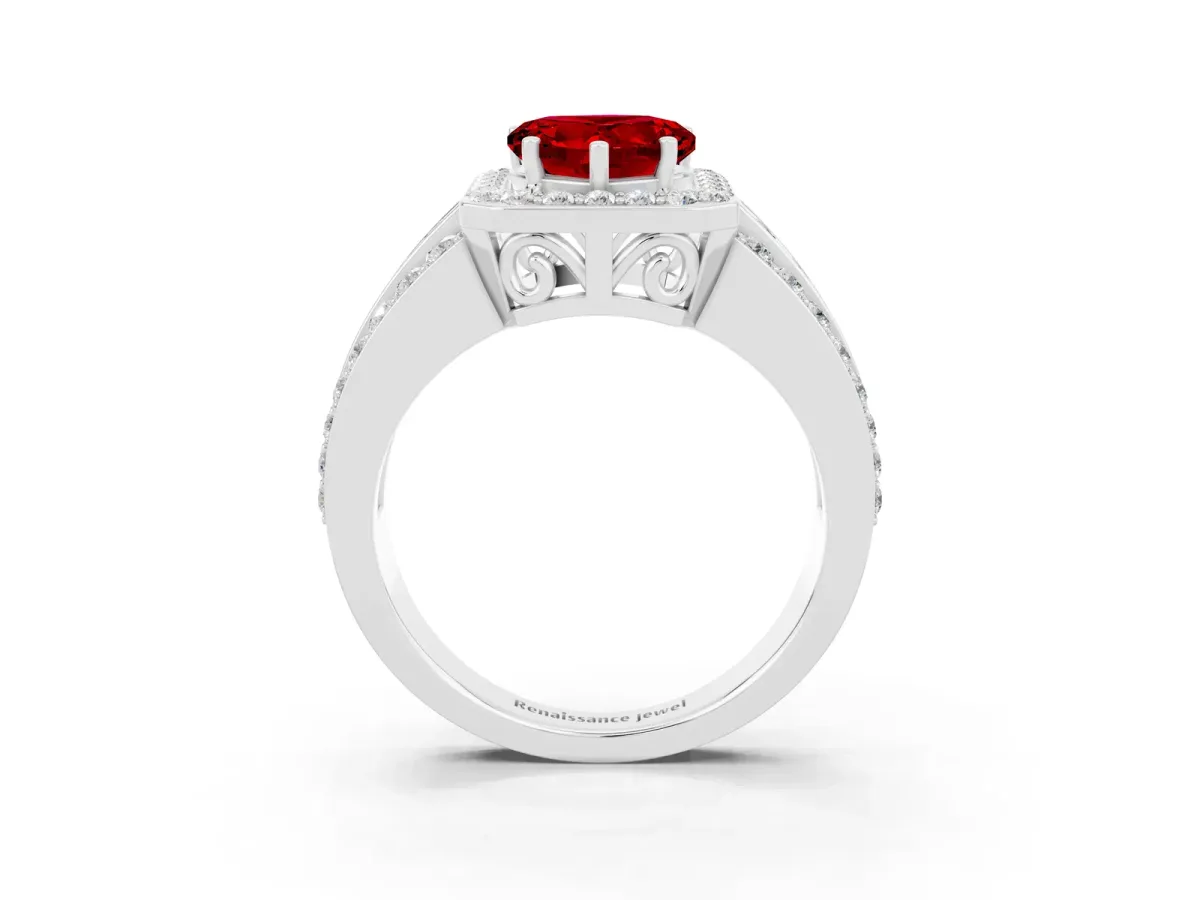 Heart Cut Halo Ruby Ring with Round Split Shank and Prong Setting Silver
