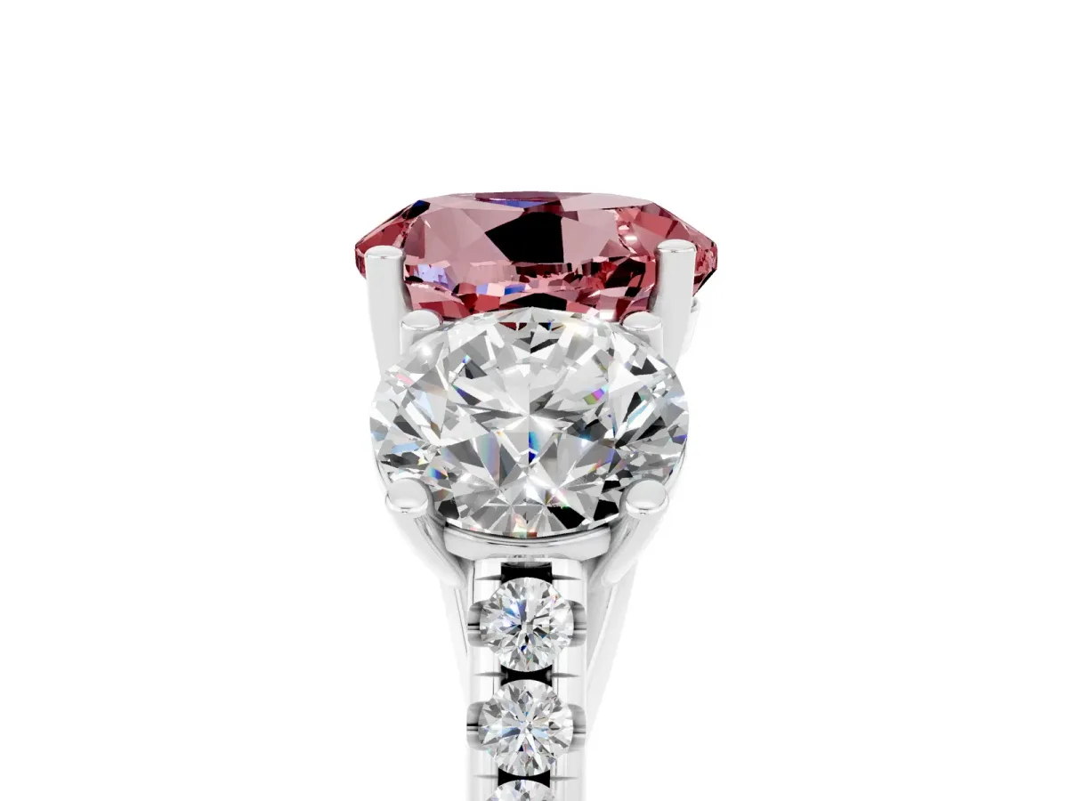 Three-Stone Round Cut Morganite Ring with Round Pavé Band and Prong Setting Silver