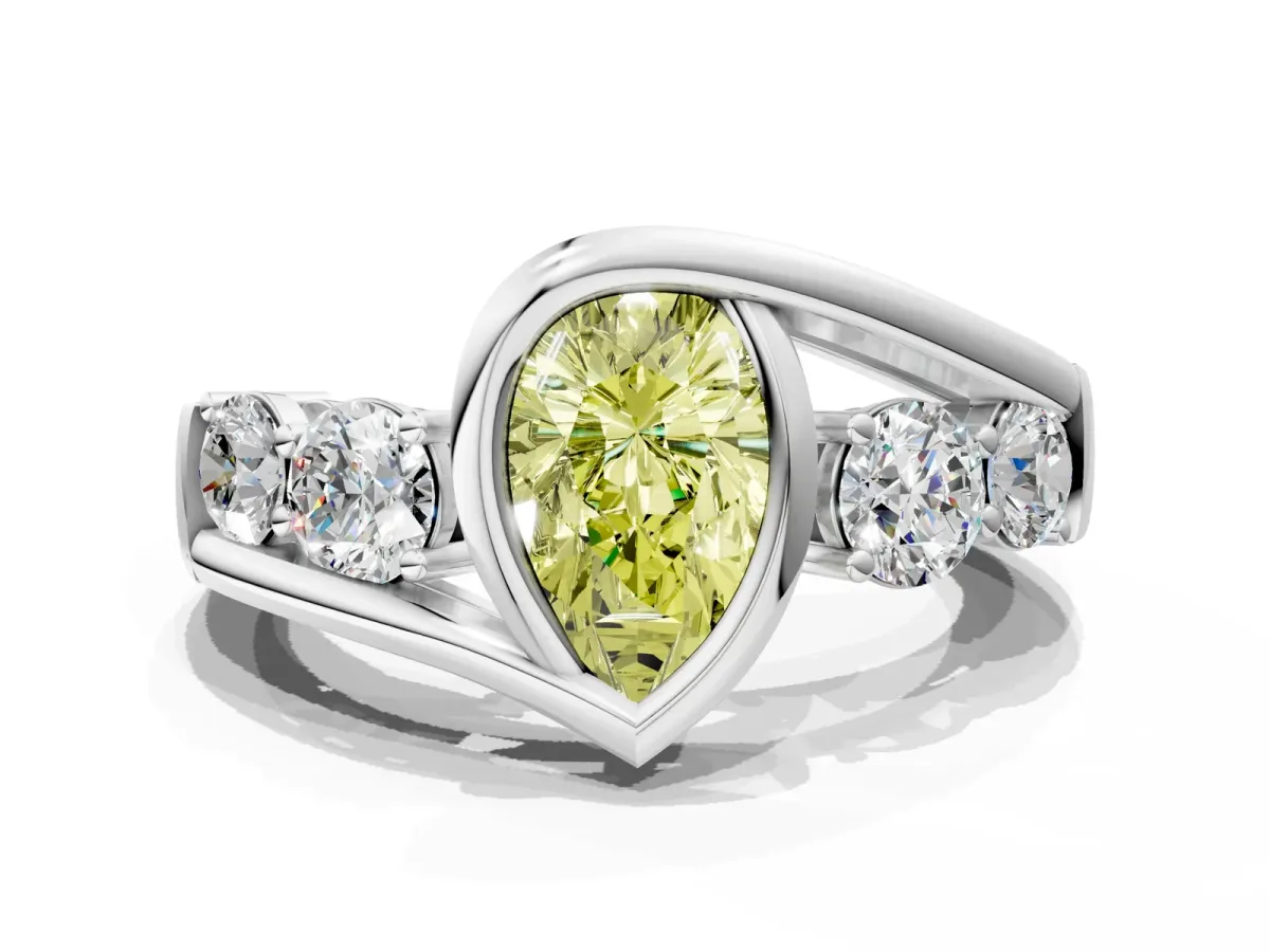 Fancy Yellow Bezel Set Pear Cut Diamond Bypass Ring with Round Accents Platinum