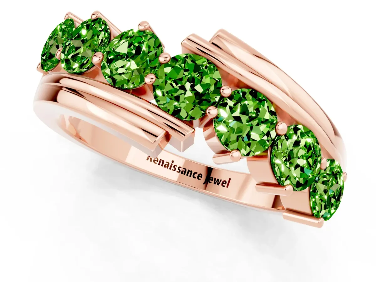 Round Peridot Wave Band with Channel and Shared Prong Setting Rose gold
