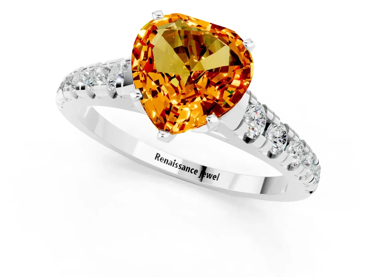 Heart Cut Citrine Cathedral Solitaire Ring with Round Pavé Band Silver