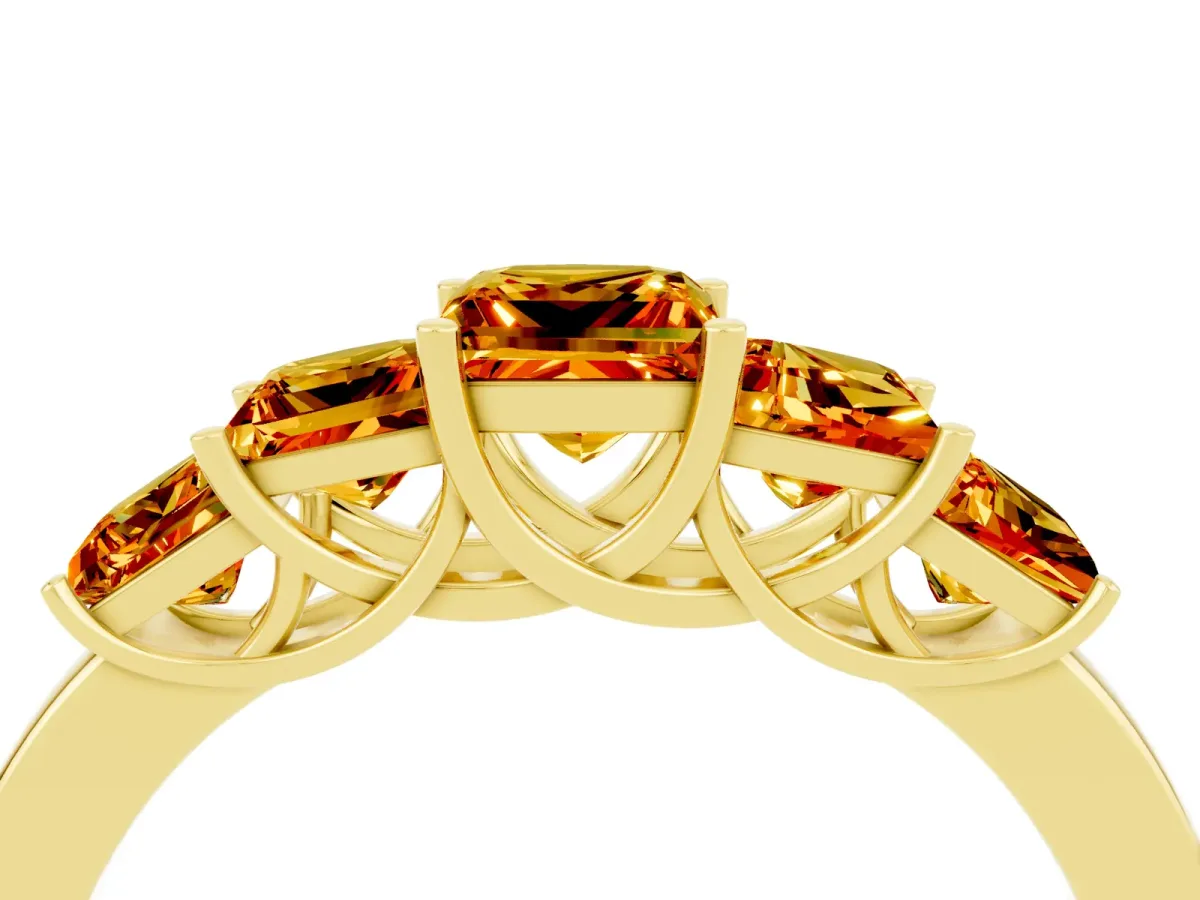 Princess Cut Five-Stone Citrine Ring with Classic Prong Setting Yellow gold