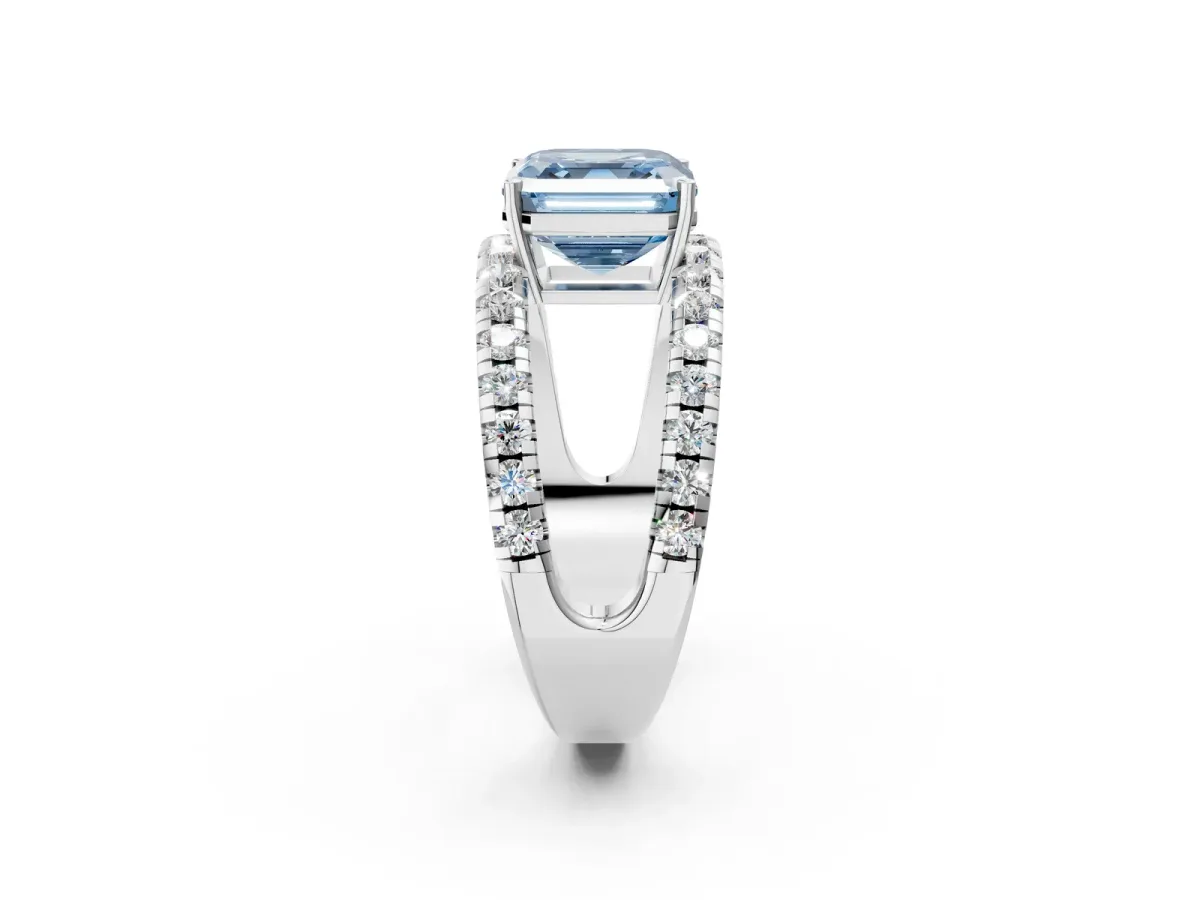 Fancy Blue Asscher Cut Solitaire Split Shank Pave Diamond Ring Platinum