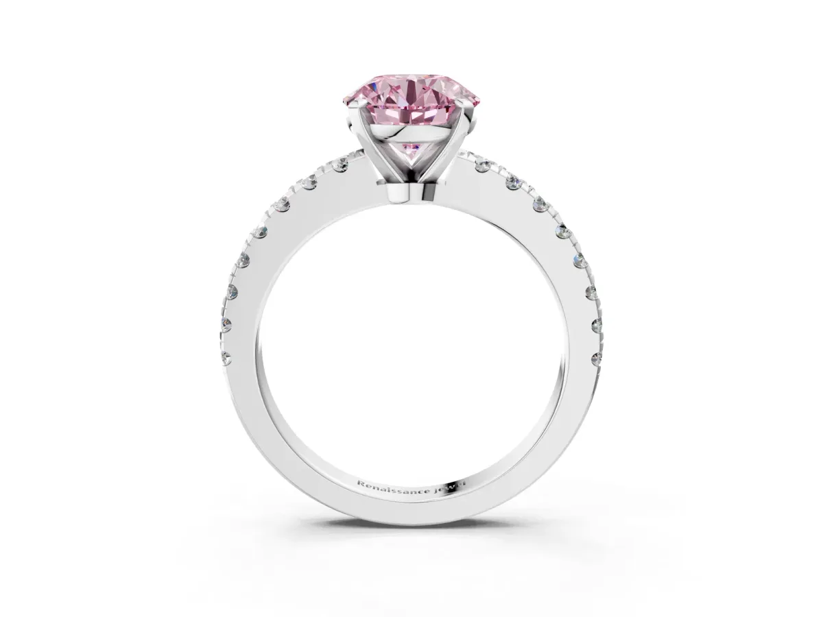 Fancy Pink Round Cut Solitaire Diamond with Pavé Band and Four-Prong Setting Silver