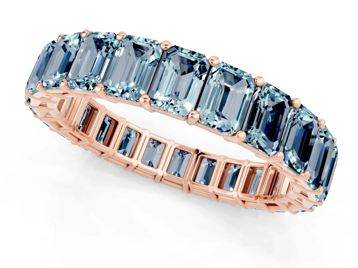 Emerald Cut Aquamarine Eternity Band with Shared Prong Setting Rose gold
