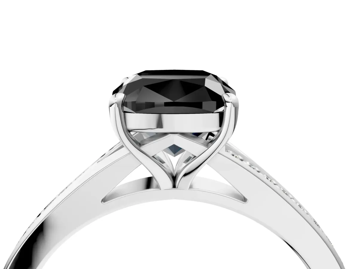 Fancy Black Cushion Cut Diamond Solitaire Ring with Pavé Band and Prong Setting Silver