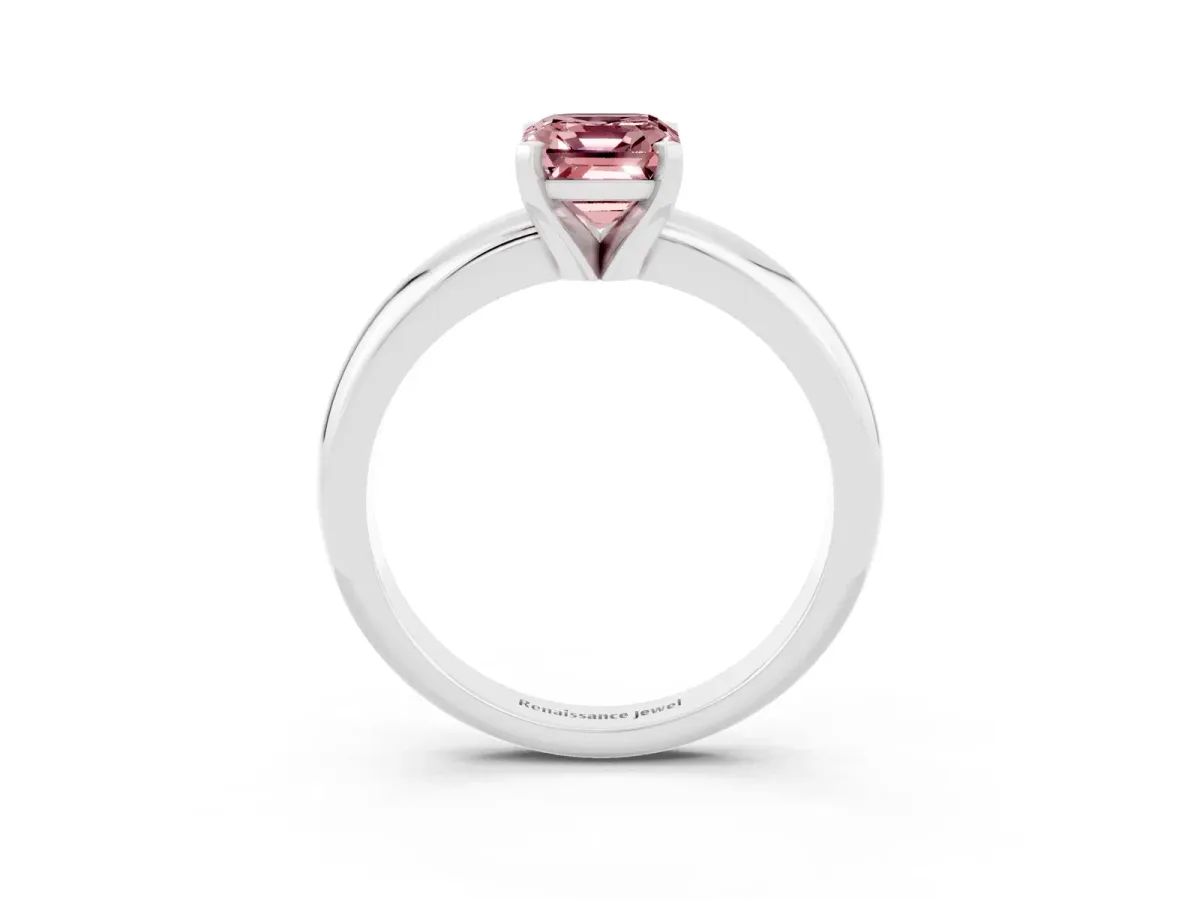 Emerald Cut Morganite Solitaire Engagement Ring with Round Band and Four-Prong Setting Silver