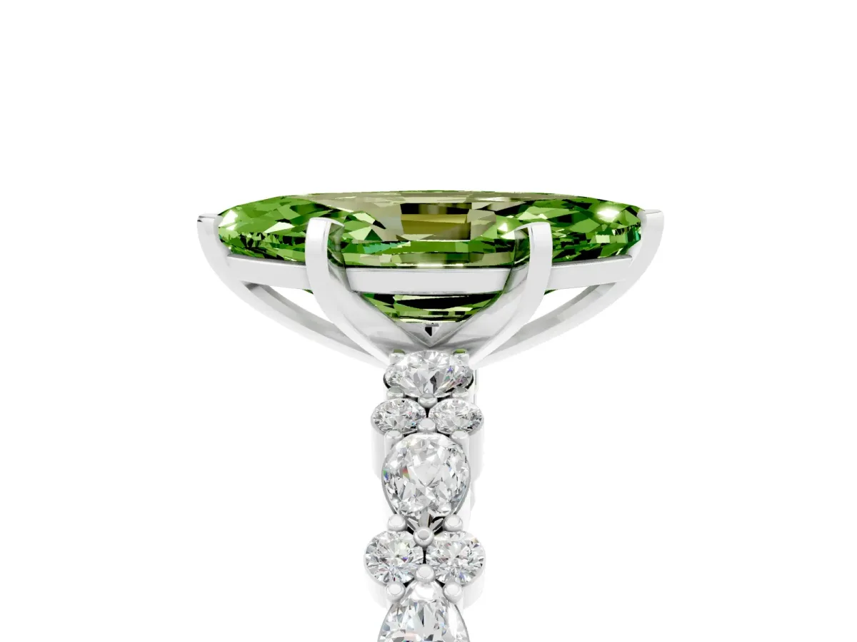 Marquise Cut Peridot Side Stone Solitaire Ring with Round and Four-Prong Setting White gold