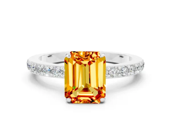 Emerald Cut Citrine Solitaire Engagement Ring with Pavé Band and Four-Prong Setting Platinum