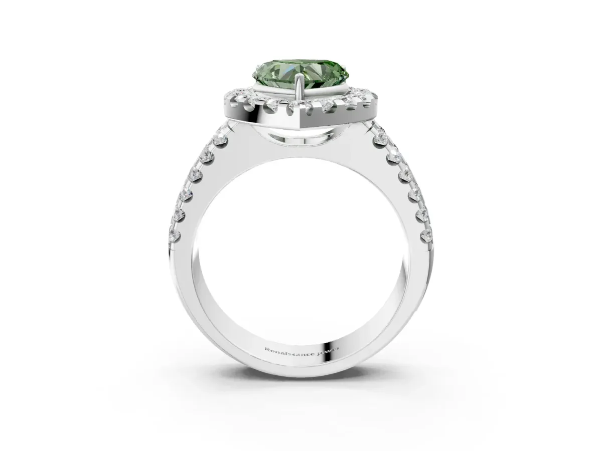 Fancy Green Heart Cut Halo Diamond Split Shank Engagement Ring with Prong Setting Platinum
