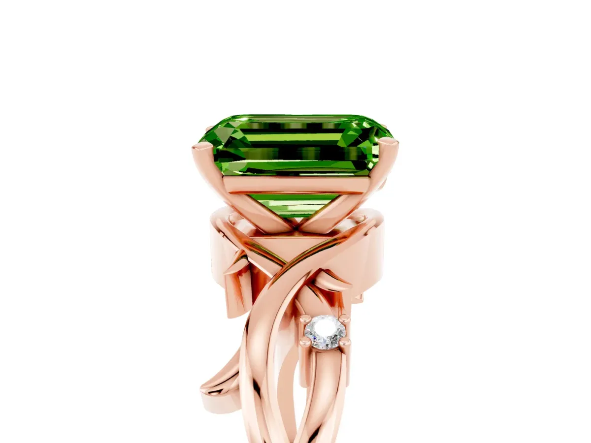 Emerald Cut Peridot Solitaire Ring with Twisted Band and Prong Setting Rose gold