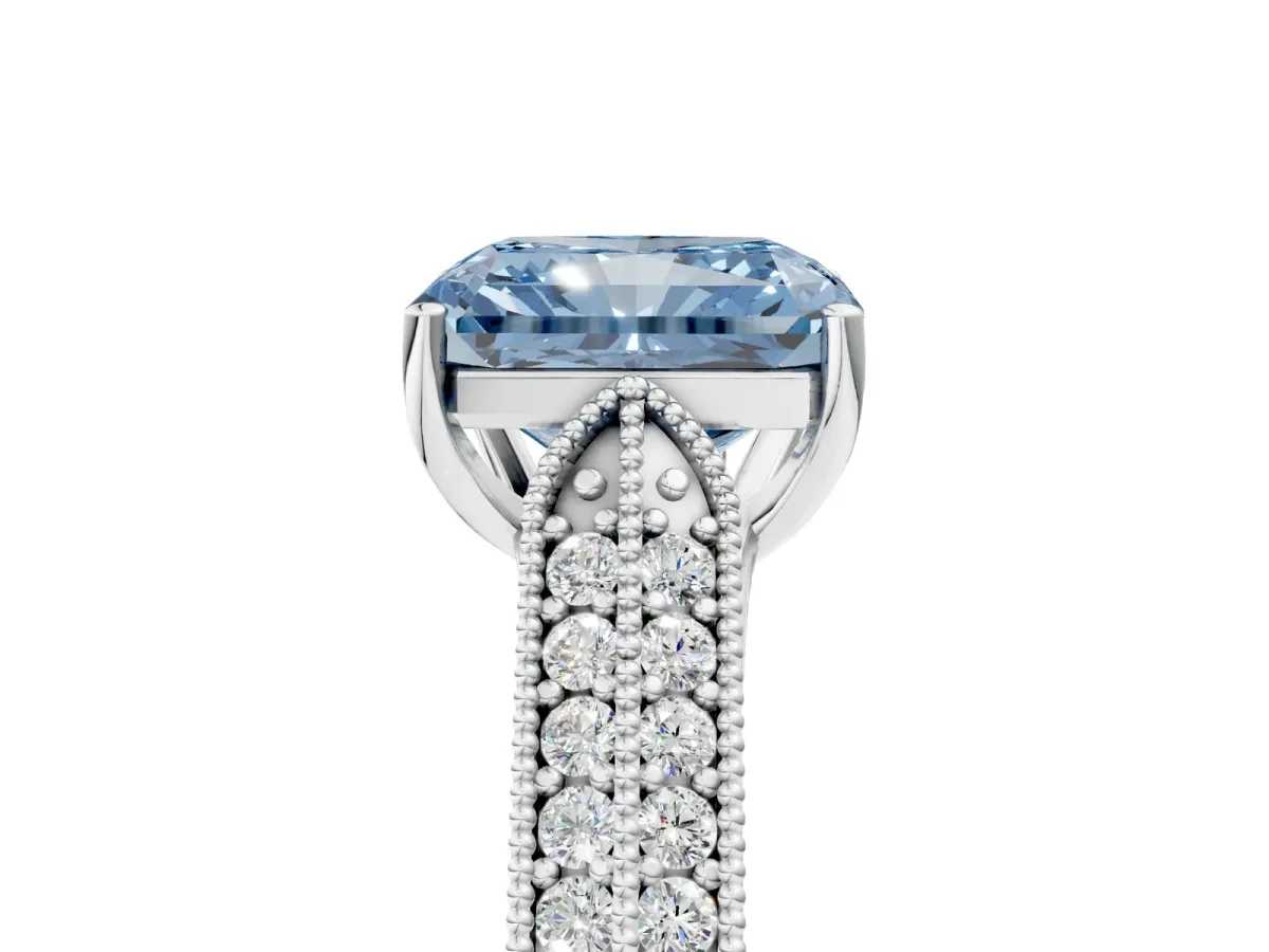 Fancy Blue Radiant Cut Cut Pave Split Shank Engagement Ring with Four-Prong Setting Platinum