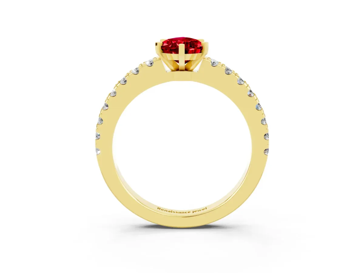Pear Cut Solitaire Ruby with Pavé Band and Four-Prong Setting Yellow gold