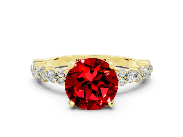 Round Cut Ruby Side Stone Solitaire Ring with Round and Four-Prong Setting Yellow gold