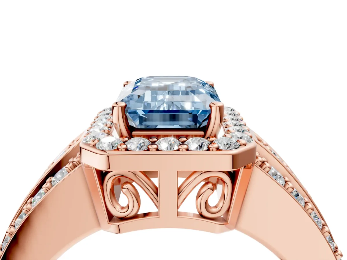 Fancy Blue Emerald Cut Halo Diamond Ring with Round Split Shank and Prong Setting Rose gold