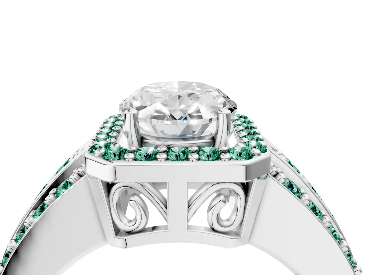 Oval Cut Halo Diamond Ring with Round Green Sapphire Split Shank and Prong Setting Silver