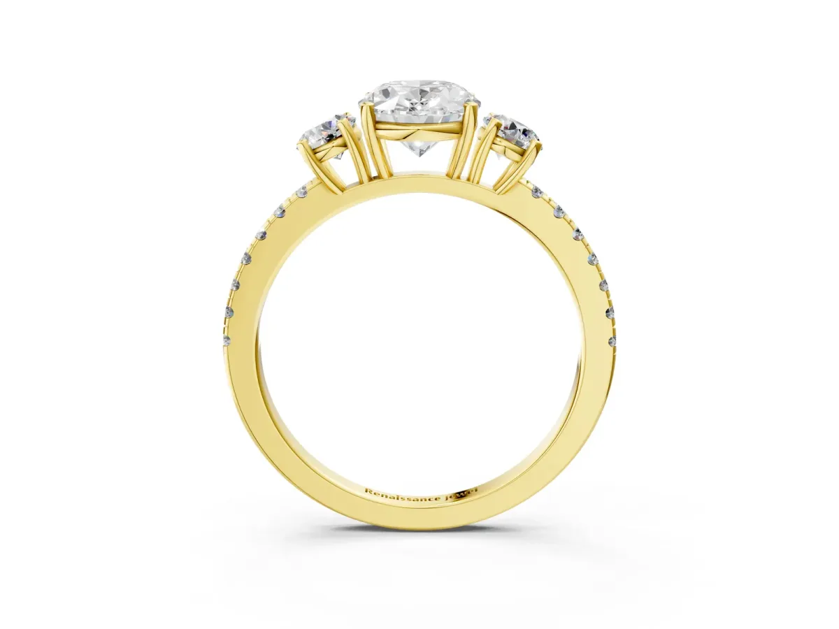 Three-Stone Oval Cut Cut Diamond Pavé Band with Prong Setting Yellow gold