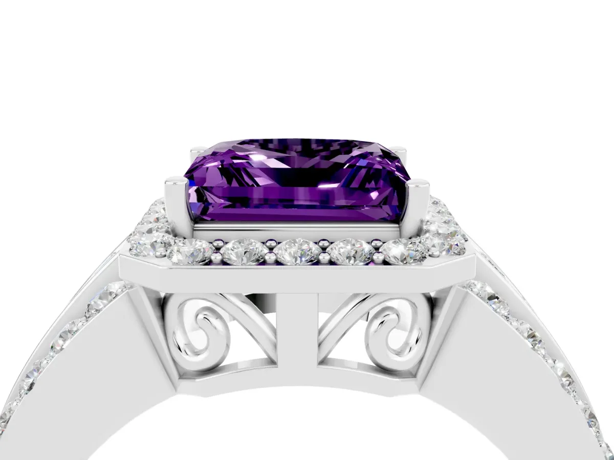 Princess Cut Halo Amethyst Ring with Round Split Shank and Prong Setting White gold