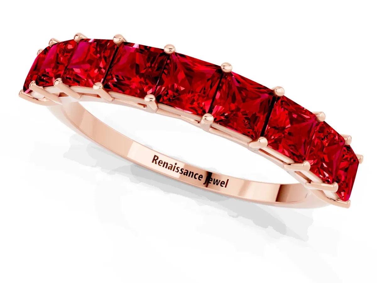 Princess Cut Ruby Channel-Set Eternity Band with Prong Setting Rose gold