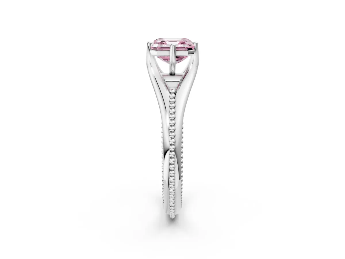 Fancy Pink Asscher Cut Solitaire Beaded Band Six-Prong Setting Platinum