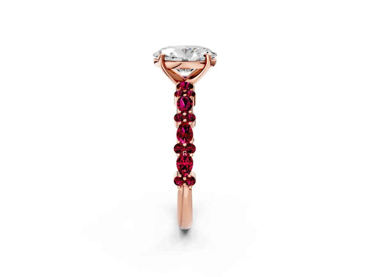 Oval Cut Diamond Side Stone Solitaire Ring with Round Garnet and Four-Prong Setting Rose gold